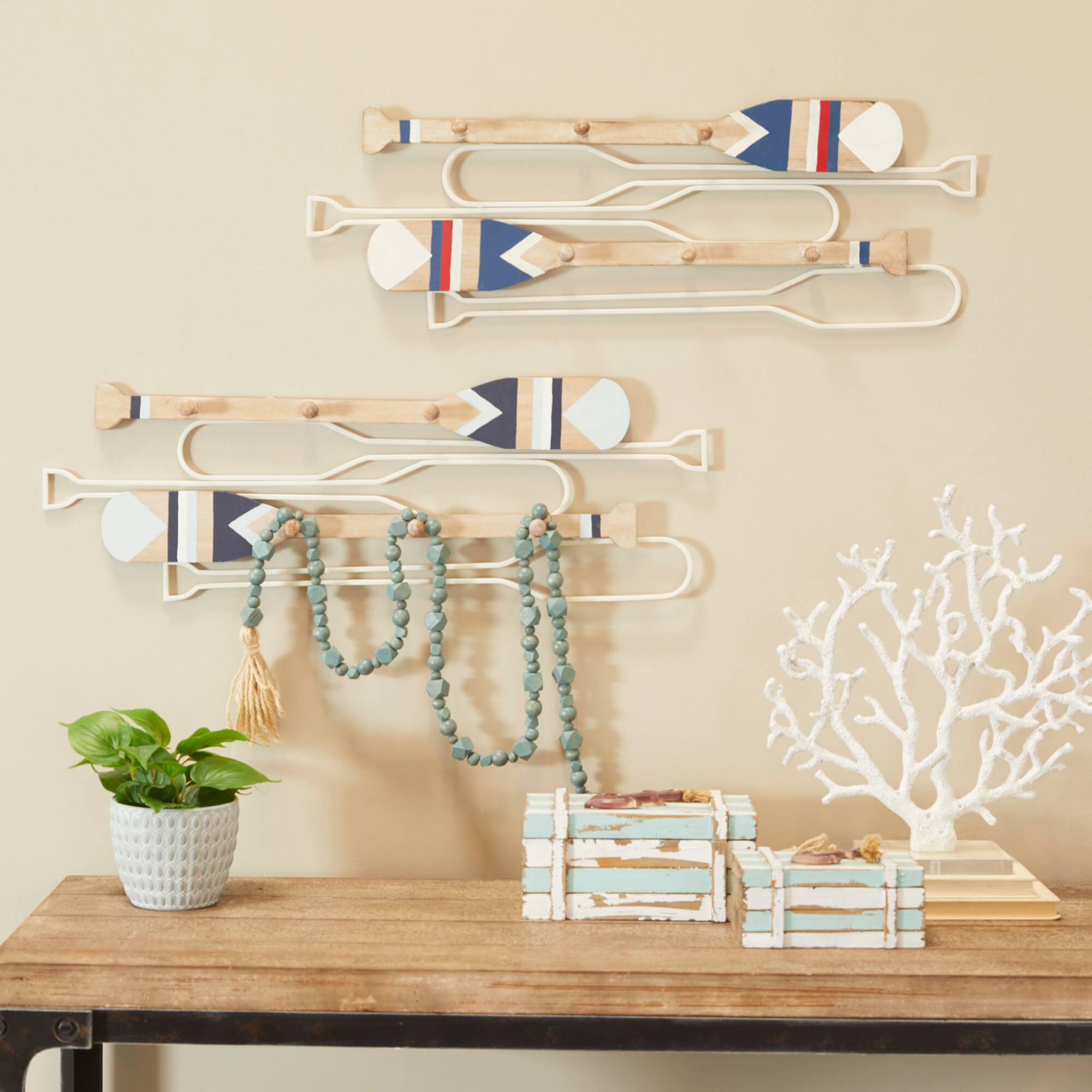 Light Brown Wood 12 Hangers Paddle Wall Hook with Stripe Patterns Set of 2 30", 29"
